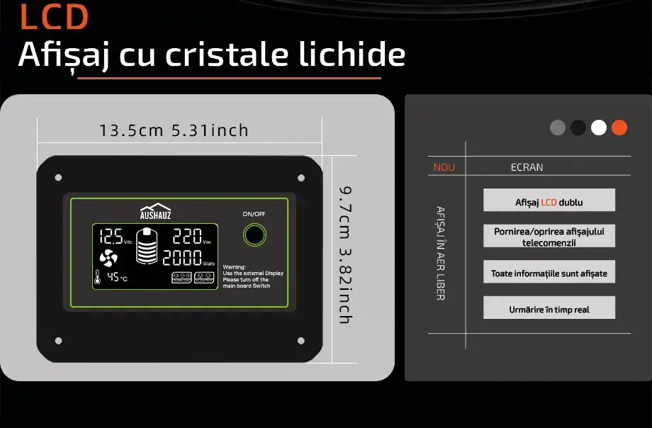 invertor 12-220 1800W - Afișaj cu cristale lichide, Afișaj LCD dublu, Pornire/oprire folosind telecomanda, Toate informațiile sunt afișate, Urmărire în timp real